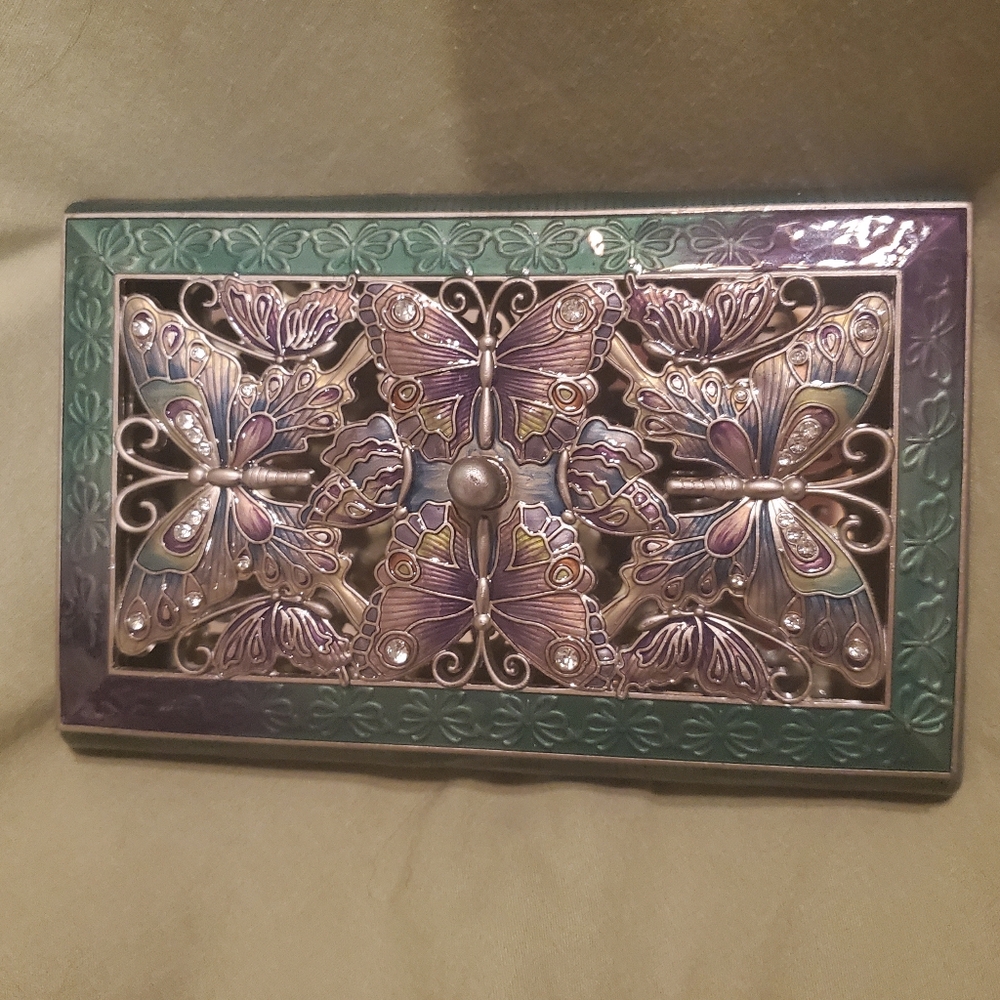 Vintage Enameled Butterfly Jewelry Trinket Box Swarovski Crystals W Mirror